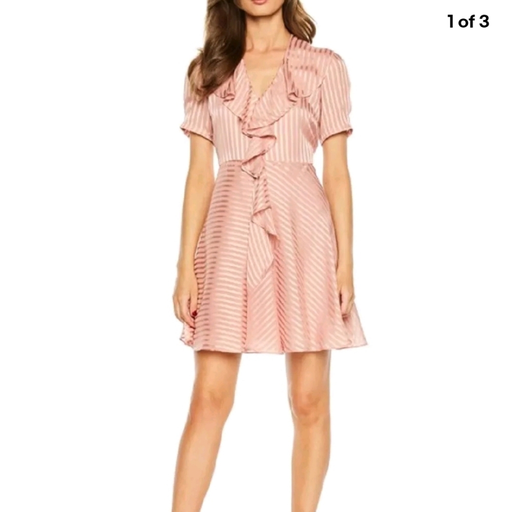Bardot Blush Pink Striped Ruffle Wrap Dress